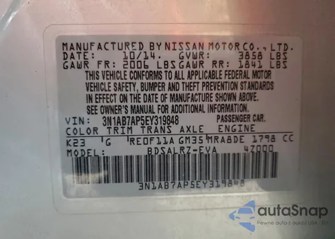 2014 Nissan Sentra S z USA, uszkodzony, nr VIN 3N1AB7AP5EY319848